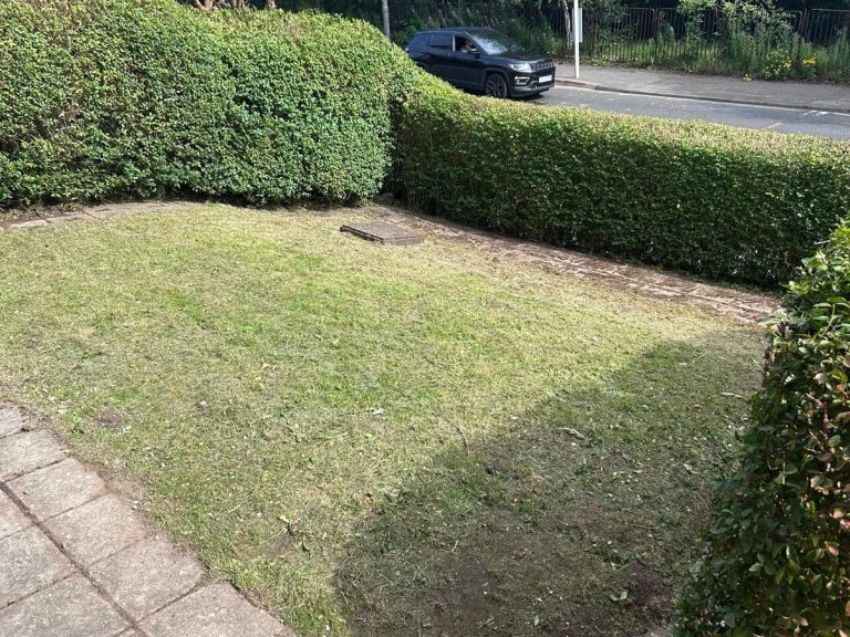 Well-maintained front garden with neatly trimmed grass and surrounding hedges.