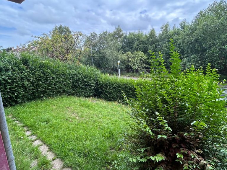 Lush green garden with hedges, trees, and cloudy sky in the background.