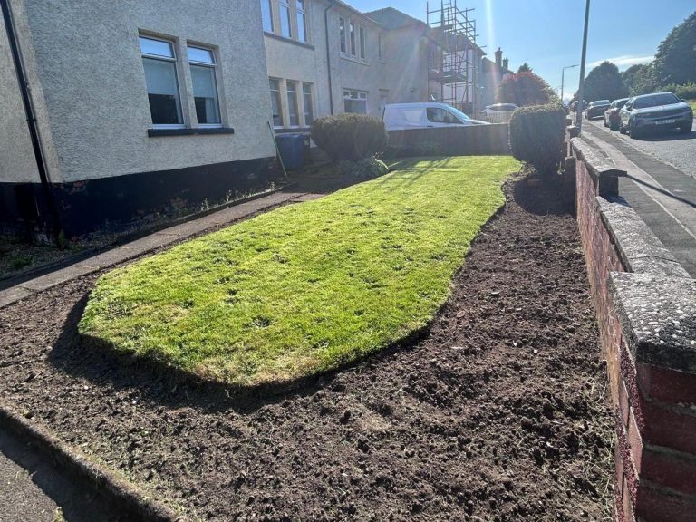 Well-maintained grassy area bordered by shrubs, adjacent to a paved pathway and roadway.